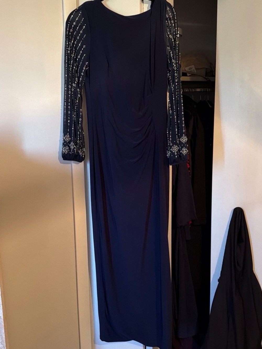 marina boat neck dress beaded sleeve